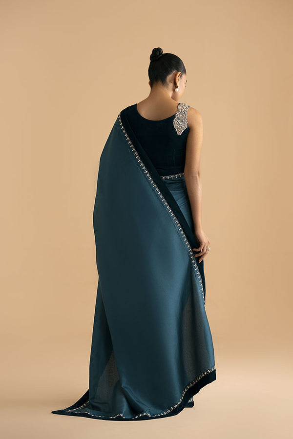 Teal blue velvet saree