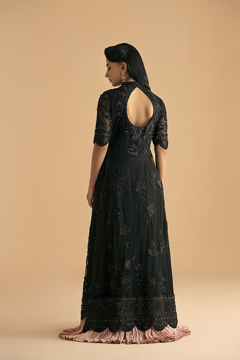 Black front-open shirt with lehnga