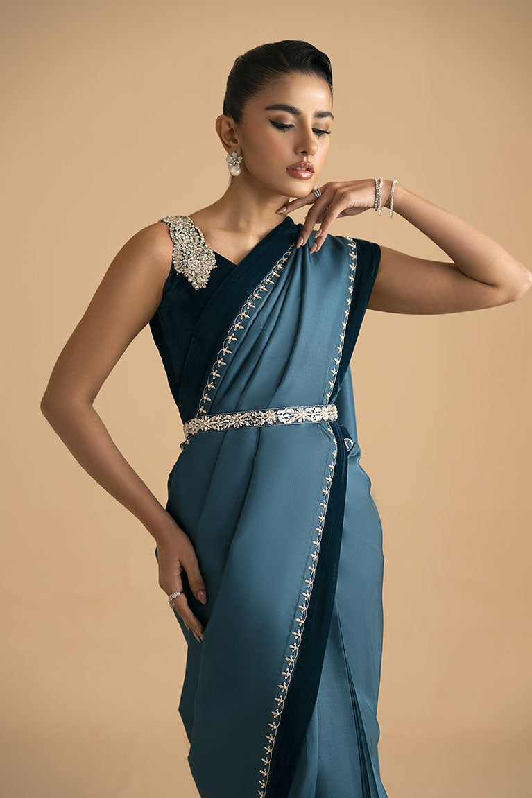 Teal blue velvet saree