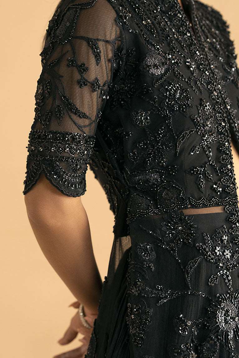 Black front-open shirt with lehnga