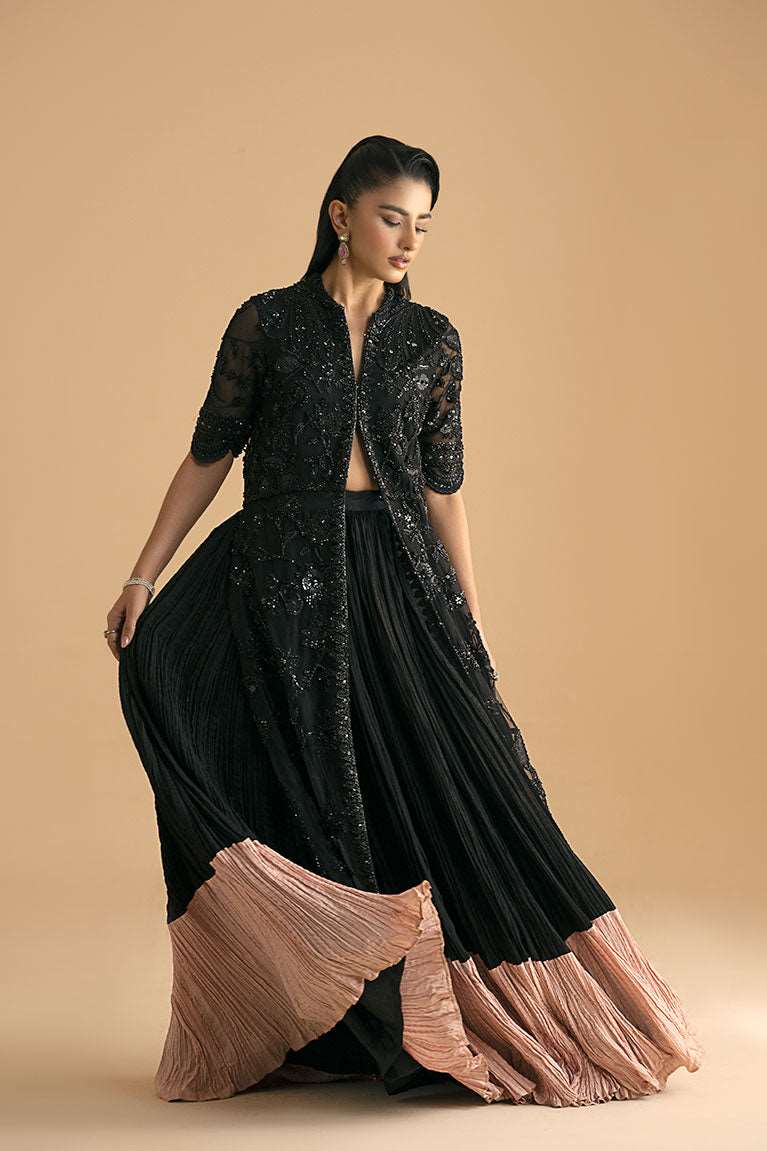 Black front-open shirt with lehnga