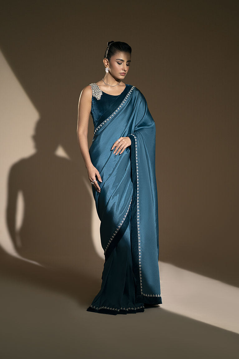 Teal blue velvet saree