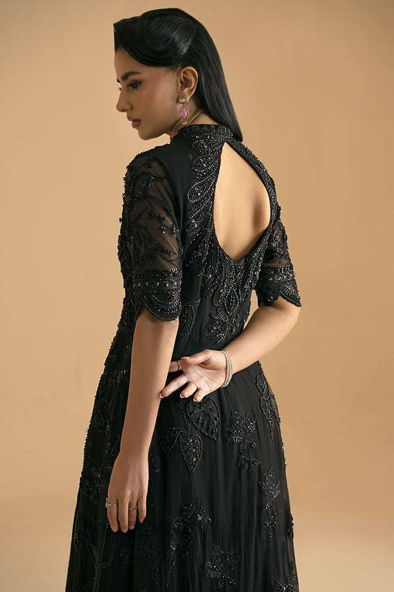 Black front-open shirt with lehnga