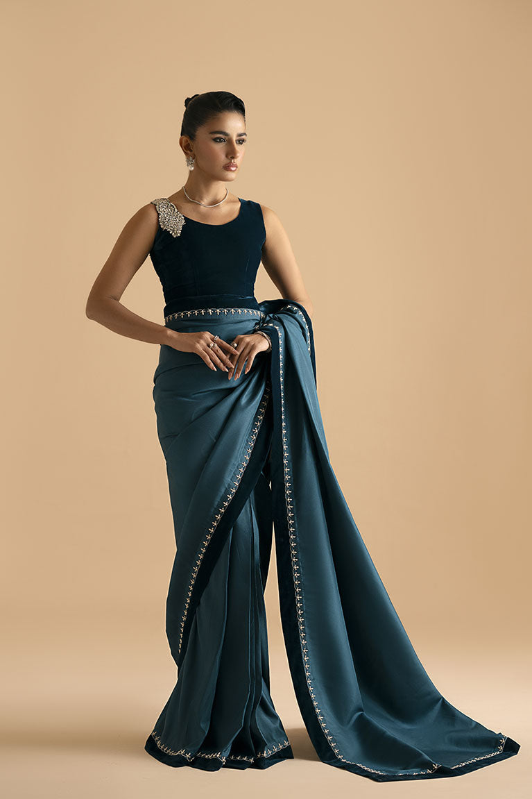 Teal blue velvet saree