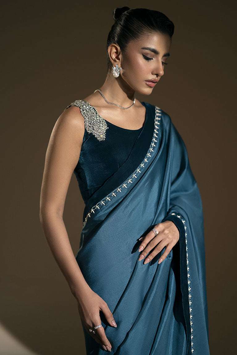 Teal blue velvet saree