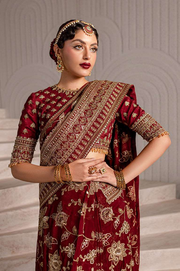 Maroon embroidered saree