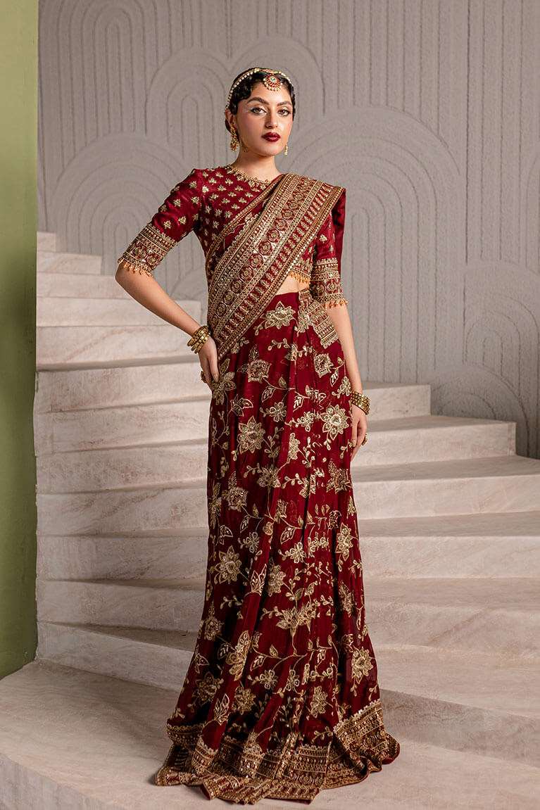 Maroon embroidered saree