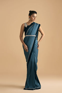 Teal blue velvet saree